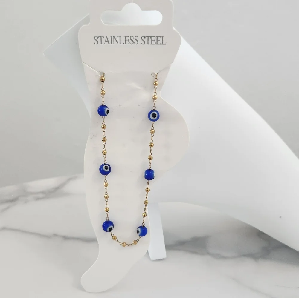 Modern Style Beaded Blue Evil Eye 18K Gold Plated Bracelet - Picture 11 of 11